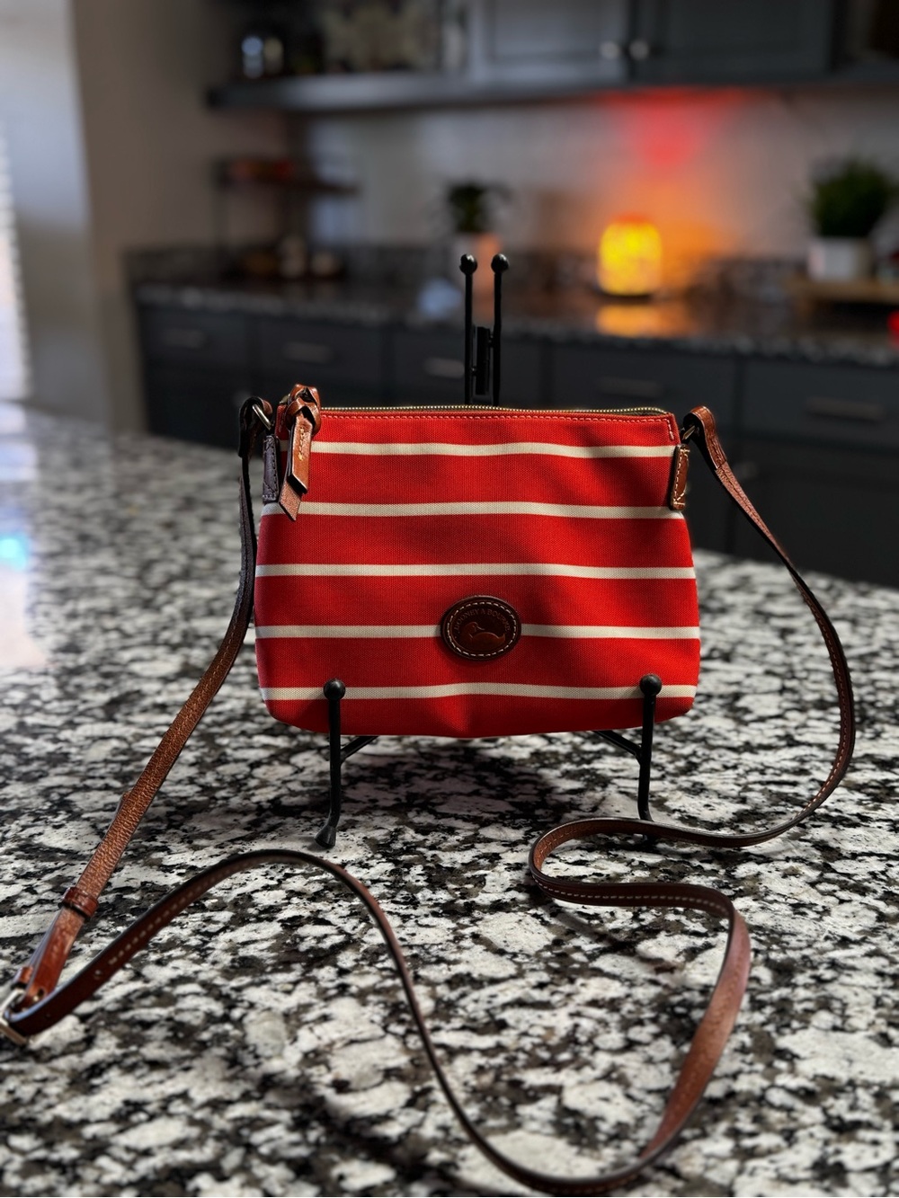 Dooney & Bourke Red and Cream Striped Crossbody with Brown Leather Trim